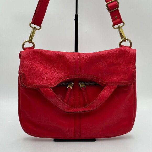 Fossil Erin Red Leather Foldover Tote Crossbody Bag Pockets Adjustable Strap Red - Picture 1 of 16
